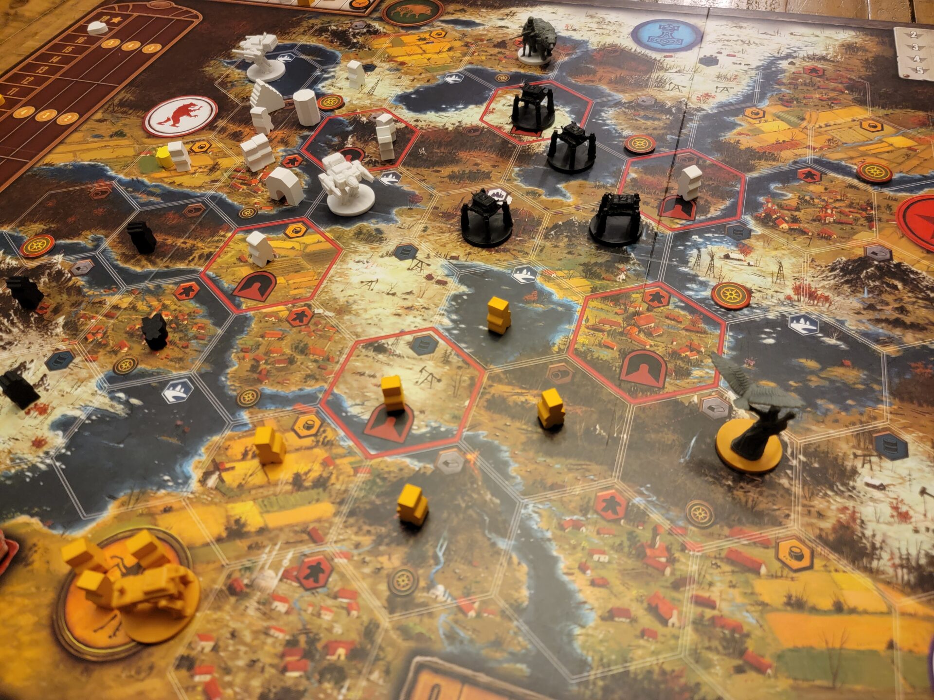 Scythe The Rise of Fenris Episode 1 D, End-game state. Hopefully my 17 on the Population Track is enough to propel me past my opponents.