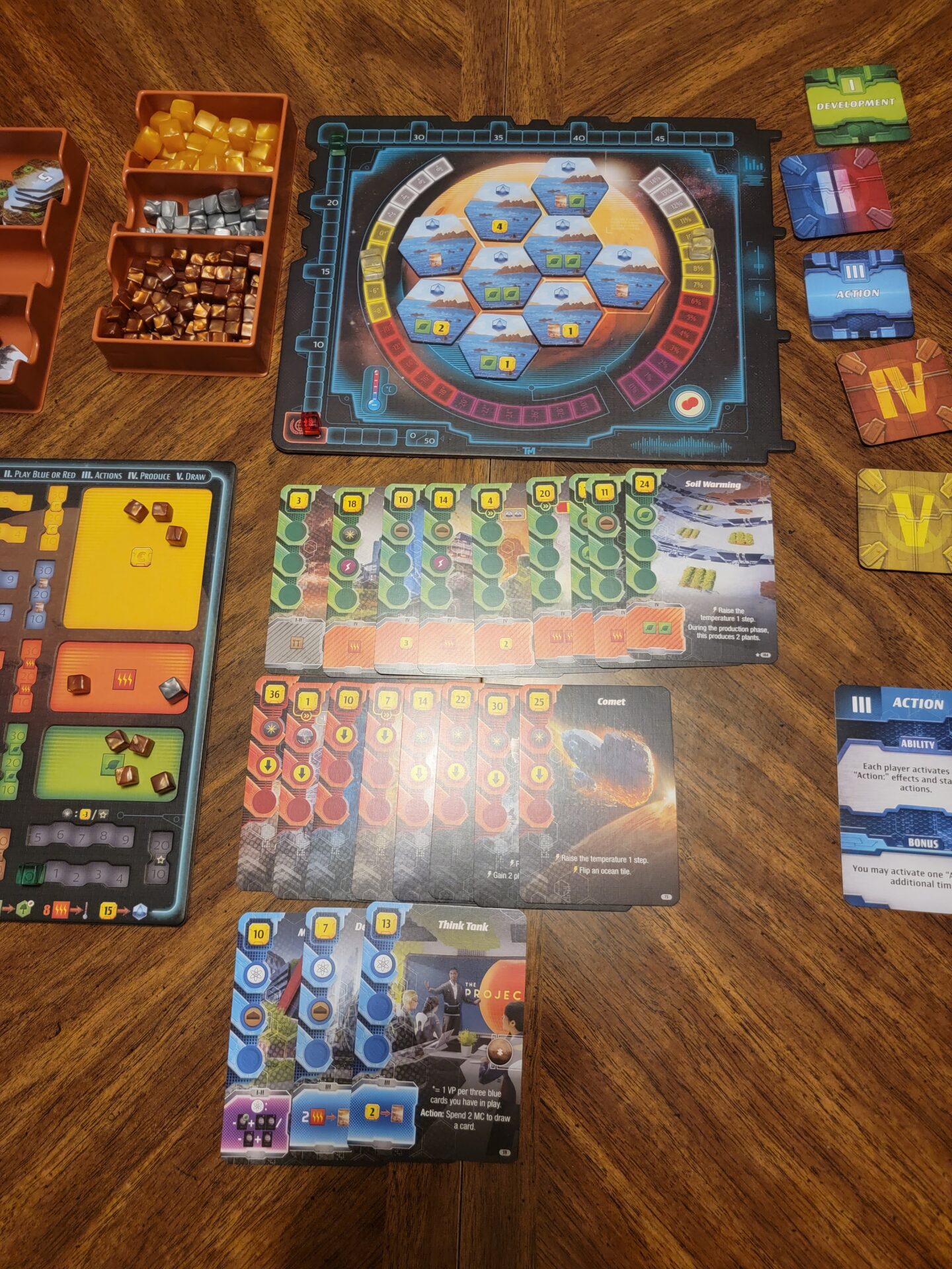 Terraforming Mars Ares Expedition board game player boards and cards
