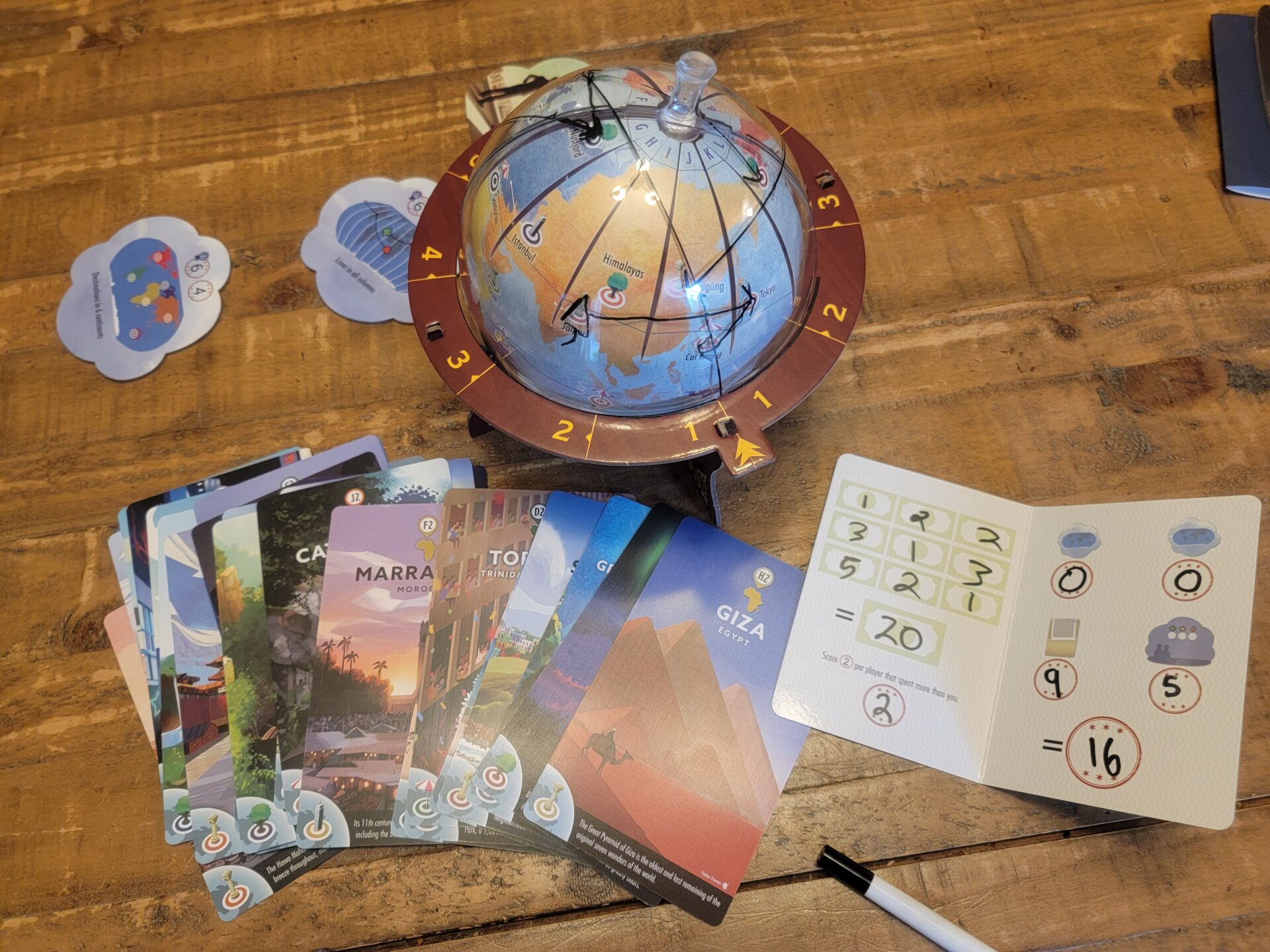 Globetrotting board game components on a table.