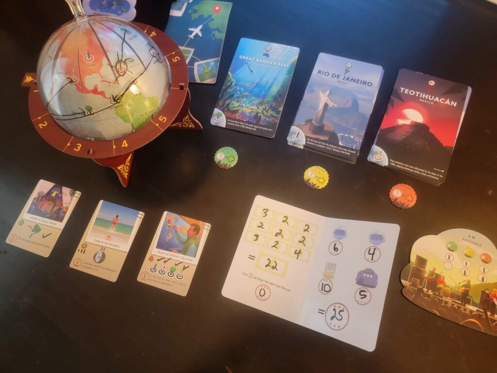Globetrotting board game cards on a table as the game is being played.